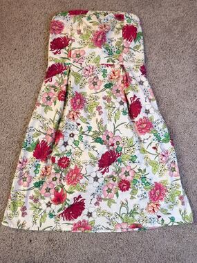 Old Navy Strapless Floral Sundress Ivory Pink Smocked Back A-Line Size 2